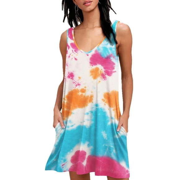 Amazon Dresses & Skirts - Casual Swing V-neck T-Shirt Tank Dress Colorful Tie-Dye Orange Pink Blue Sz S